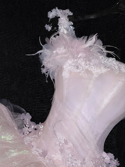 Robe de bal modeste à bretelles ornée de fleurs en tulle style vintage, robe de soirée longue AU609
