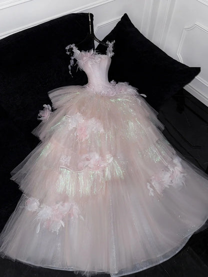 Robe de bal modeste à bretelles ornée de fleurs en tulle style vintage, robe de soirée longue AU609
