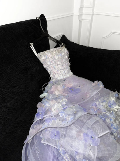 Robe de bal modeste, bustier, en tulle lilas fleuri, robe de soirée longue, modèle AU612