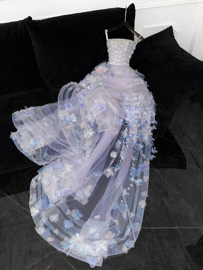 Robe de bal modeste, bustier, en tulle lilas fleuri, robe de soirée longue, modèle AU612