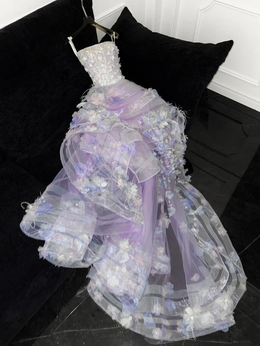 Robe de bal modeste, bustier, en tulle lilas fleuri, robe de soirée longue, modèle AU612