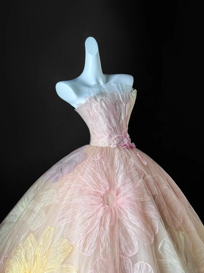 Robe de bal bustier rose à fleurs, longue, en tulle, pour Quinceanera, pour Sweet 15 et 16 ans, AU638