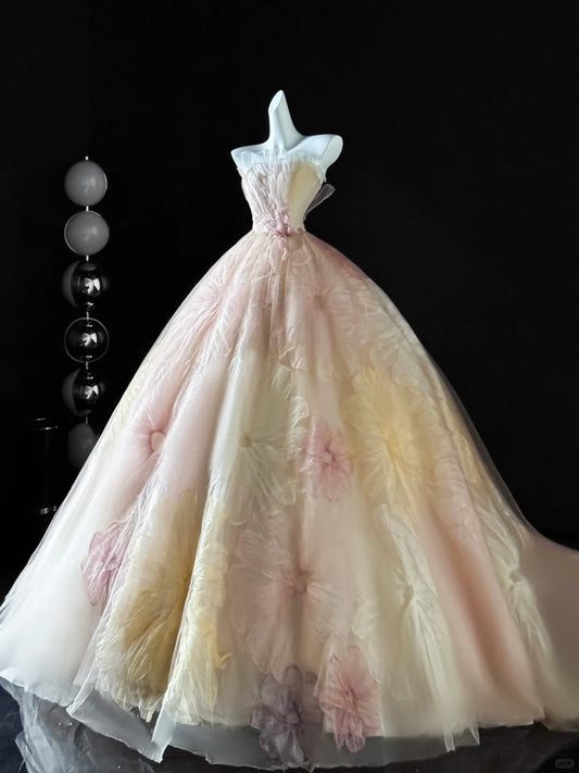 Cute Strapless Ball Gown Pink Floral Tulle Long Quinceanera Dress Quinceanera Dresses Sweet 15 16 Dress AU638
