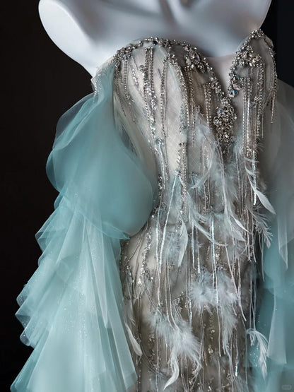 Robe de bal sirène de luxe en tulle bleu ciel clair, décolleté en cœur, longue robe de soirée pour 22e anniversaire, robe de remise de diplôme, AU648