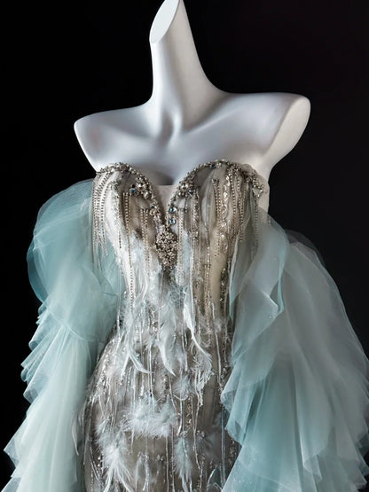 Robe de bal sirène de luxe en tulle bleu ciel clair, décolleté en cœur, longue robe de soirée pour 22e anniversaire, robe de remise de diplôme, AU648