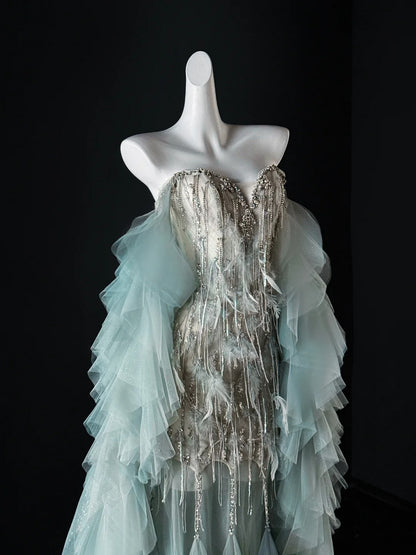 Robe de bal sirène de luxe en tulle bleu ciel clair, décolleté en cœur, longue robe de soirée pour 22e anniversaire, robe de remise de diplôme, AU648