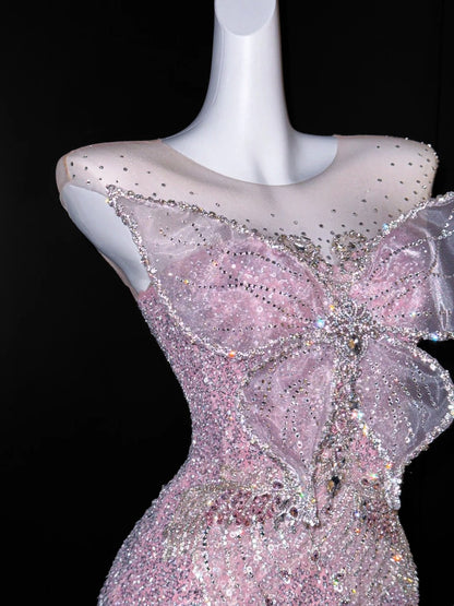 Elegant Mermaid Scoop Neck Pink Sequin Prom Dresses Party Dress 16th Birthday Outfits Senior Graduation Dress AU668