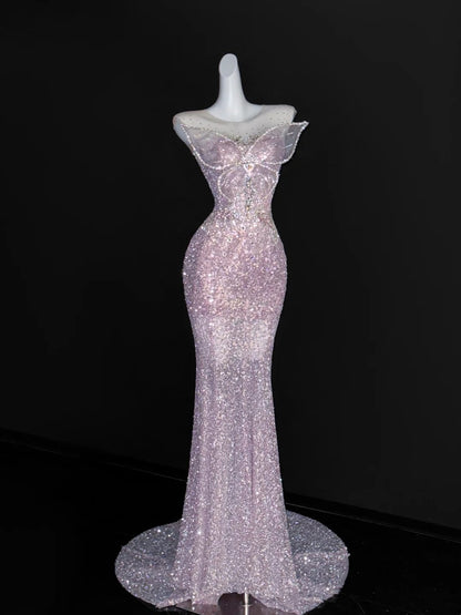 Elegant Mermaid Scoop Neck Pink Sequin Prom Dresses Party Dress 16th Birthday Outfits Senior Graduation Dress AU668