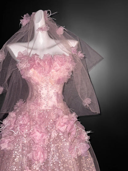 Vintage Ball Gown Strapless Light Pink Tulle Floral Prom Dresses Long Party Dress 18th Birthday Outfit Graduation Dress AU669