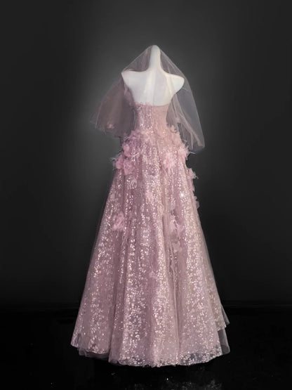 Vintage Ball Gown Strapless Light Pink Tulle Floral Prom Dresses Long Party Dress 18th Birthday Outfit Graduation Dress AU669