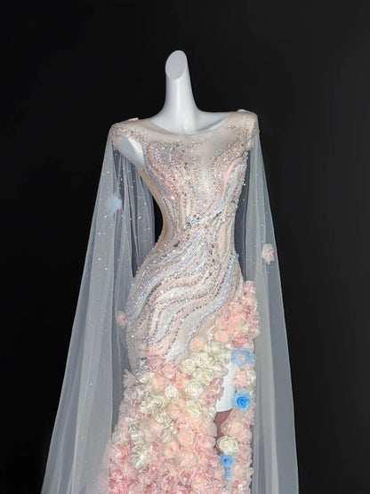 Robe de bal romantique sirène à col rond et paillettes, longue robe de soirée pour 21e anniversaire, robe de remise de diplôme, AU670