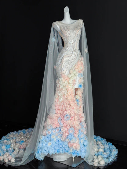 Robe de bal romantique sirène à col rond et paillettes, longue robe de soirée pour 21e anniversaire, robe de remise de diplôme, AU670