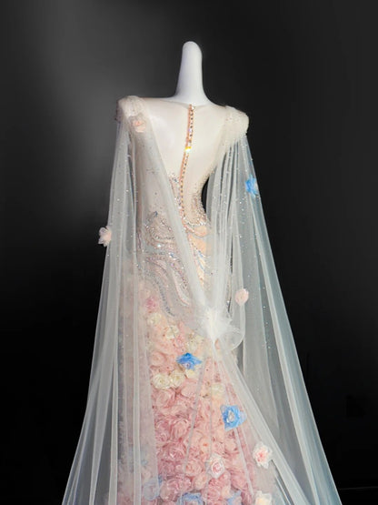 Robe de bal romantique sirène à col rond et paillettes, longue robe de soirée pour 21e anniversaire, robe de remise de diplôme, AU670