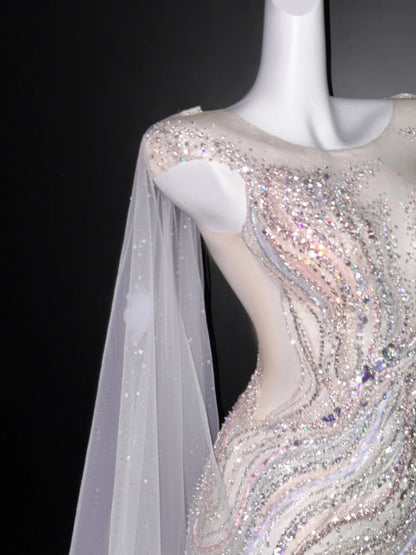 Robe de bal romantique sirène à col rond et paillettes, longue robe de soirée pour 21e anniversaire, robe de remise de diplôme, AU670