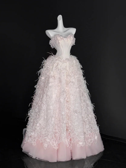 Robe de bal élégante en tulle rose blush, décolleté en cœur, robe de bal longue en dentelle, tenue de fête pour 18e anniversaire, robe de remise de diplôme, AU675