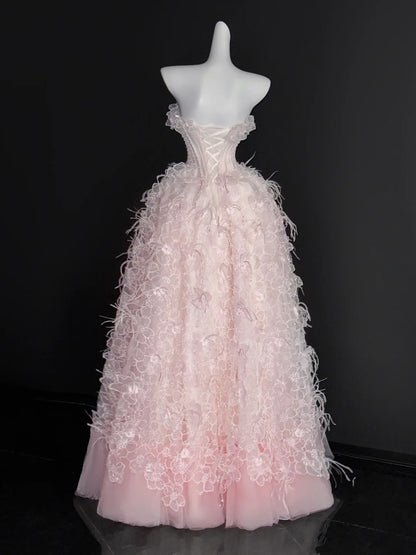 Robe de bal élégante en tulle rose blush, décolleté en cœur, robe de bal longue en dentelle, tenue de fête pour 18e anniversaire, robe de remise de diplôme, AU675