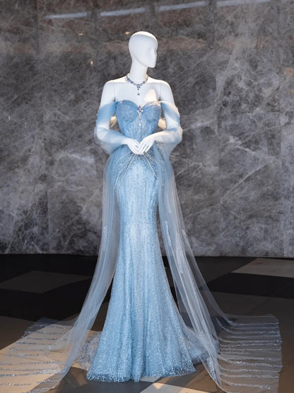 Vintage Mermaid Off The Shoulder Blue Tulle Sequins Prom Dresses Long Party Dress 18th Birthday Outfit Graduation Dress AU710