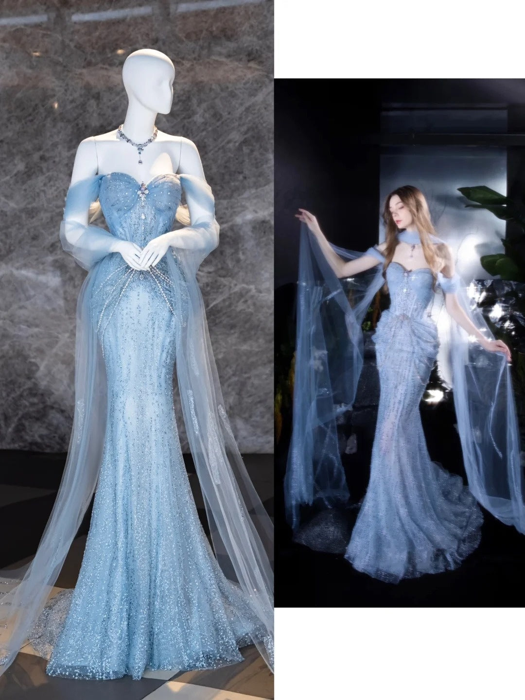 Vintage Mermaid Off The Shoulder Blue Tulle Sequins Prom Dresses Long Party Dress 18th Birthday Outfit Graduation Dress AU710