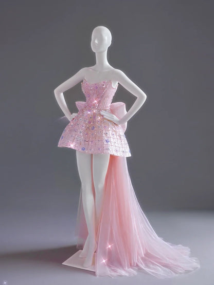 Luxury Ball Gown Strapless Pink Sequins Short 18th Birthday Dress Homecoming Dresses Cocktail Gown AU735