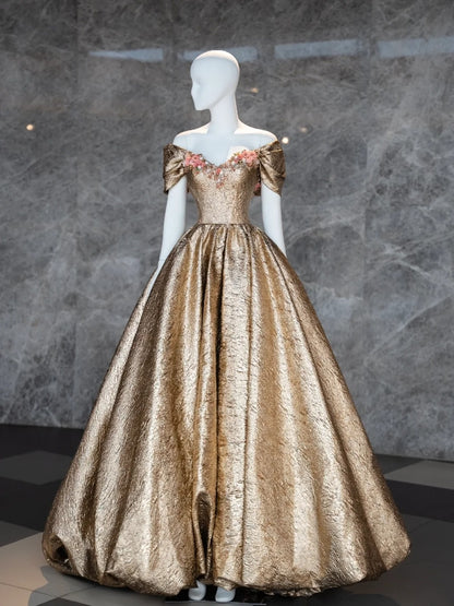 Unique Ball Gown Off The Shoulder Gold Satin Prom Dresses inspiration Long Party Dress Birthday Outfits Graduation Dress AU737
