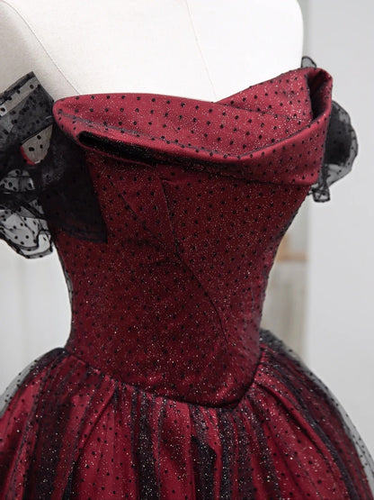 Robe de bal élégante à épaules dénudées, en tulle noir bordeaux, robe de soirée longue, tenue de 18e anniversaire, robe de danse pour lycée AU827