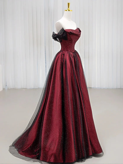 Robe de bal élégante à épaules dénudées, en tulle noir bordeaux, robe de soirée longue, tenue de 18e anniversaire, robe de danse pour lycée AU827
