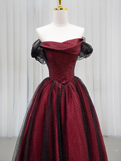 Robe de bal élégante à épaules dénudées, en tulle noir bordeaux, robe de soirée longue, tenue de 18e anniversaire, robe de danse pour lycée AU827