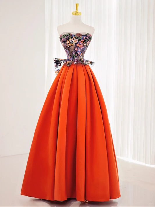 Romantic A Line Strapless Floral Satin Prom Dresses Long Party Dress 21st Birthday Outfit Graduation Dress AU831