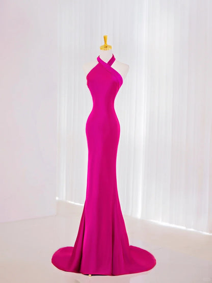 Sexy Mermaid High Neck Hot Pink Satin Prom Dresses Long Party Dress 18th Birthday Outfit Graduation Dress AU832