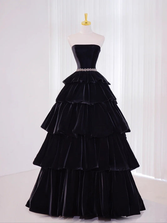Romantic Ball Gown Strapless Black Velvet Prom Dresses Long Party Dress 21st Birthday Outfit Graduation Dress AU833