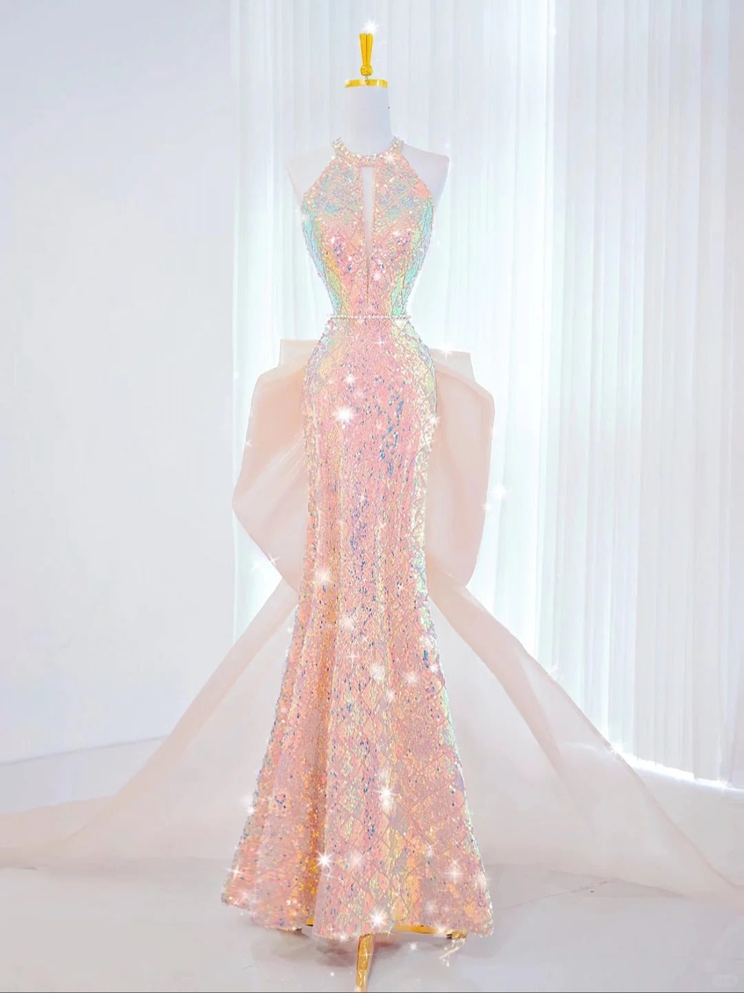 Robe de bal sirène sexy à col haut et paillettes, longue tenue de soirée pour 18e anniversaire, robe de remise de diplôme, AU840
