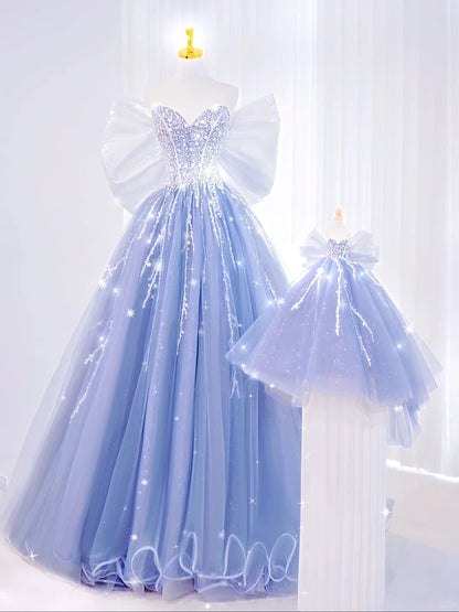 Romantic Ball Gown Sweetheart Blue Sequins Prom Dresses Long Party Dress 21st Birthday Outfit Graduation Dress AU842