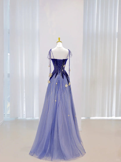 Classy A Line Spaghetti Straps Blue Tulle Prom Dresses Long Party Dress 18th Birthday Outfit Senior High School Dance Dress AU851
