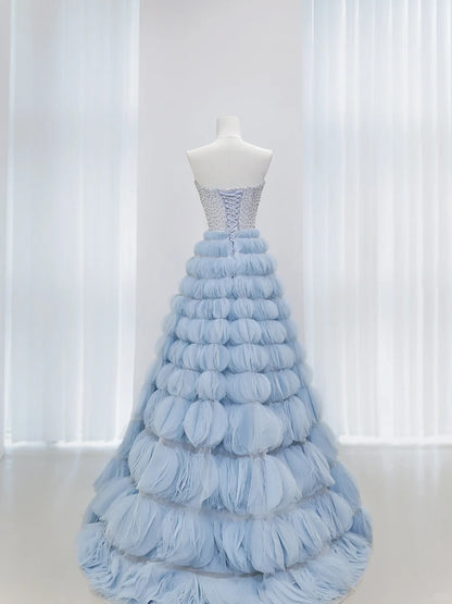 Luxury Quinceanera Dresses Ball Gown Strapless Tulle Light Sky Blue Birthday Gowns Vestidos De 15 Anos Long Sweet 16 Dress AU852