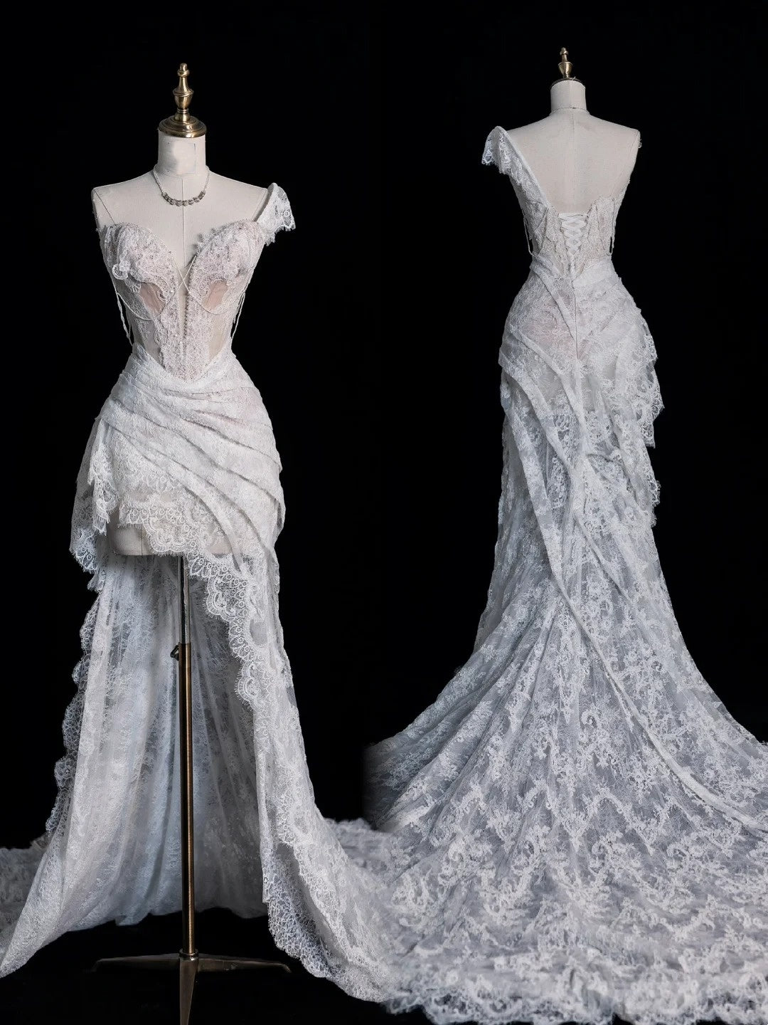 Robe de mariée longue et romantique blanche asymétrique en dentelle, style AS455