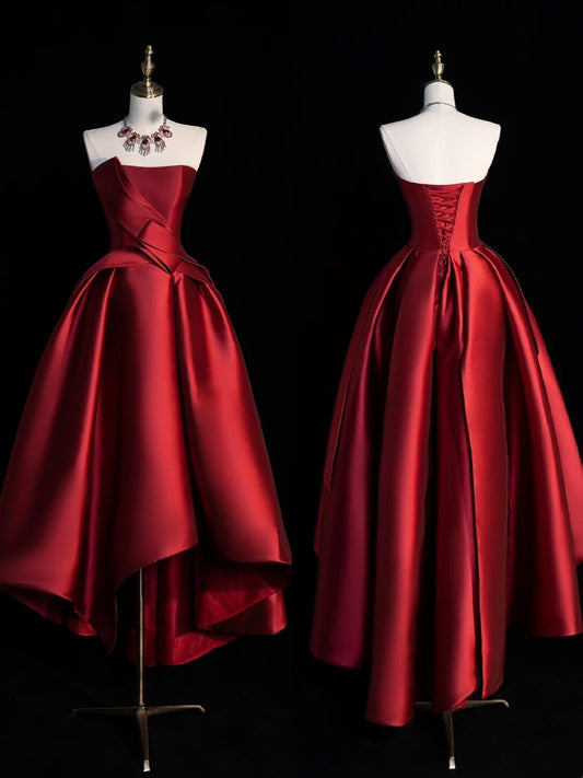 Classy Ball Gowns High Low Strapless Burgundy Satin Prom Dresses Graduation 20th Birthday Outfits N506