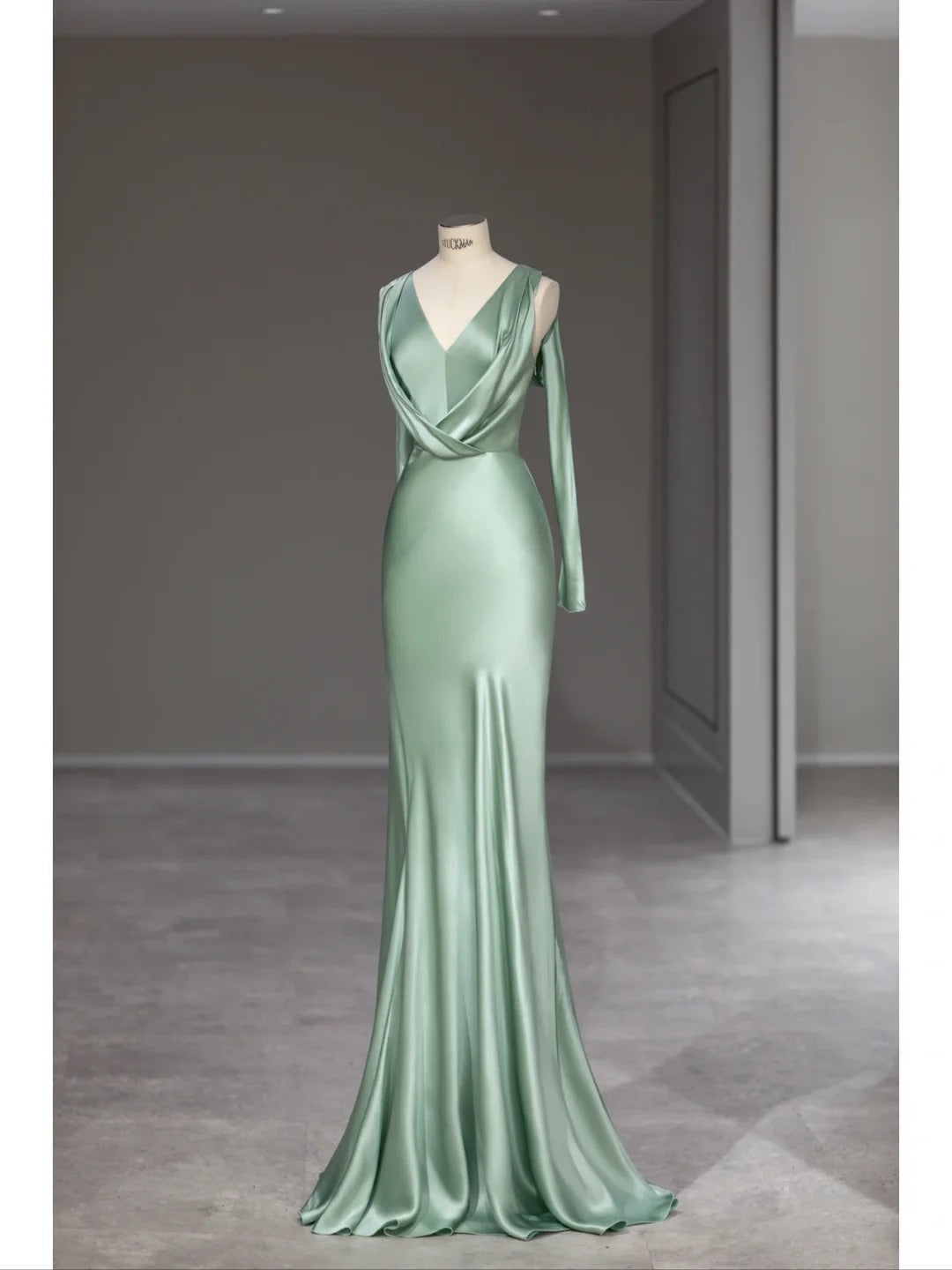 Pretty Mermaid V Neck Sage Green Satin Spring Summer Event Outfits Wedding Guest Dresses RB4009