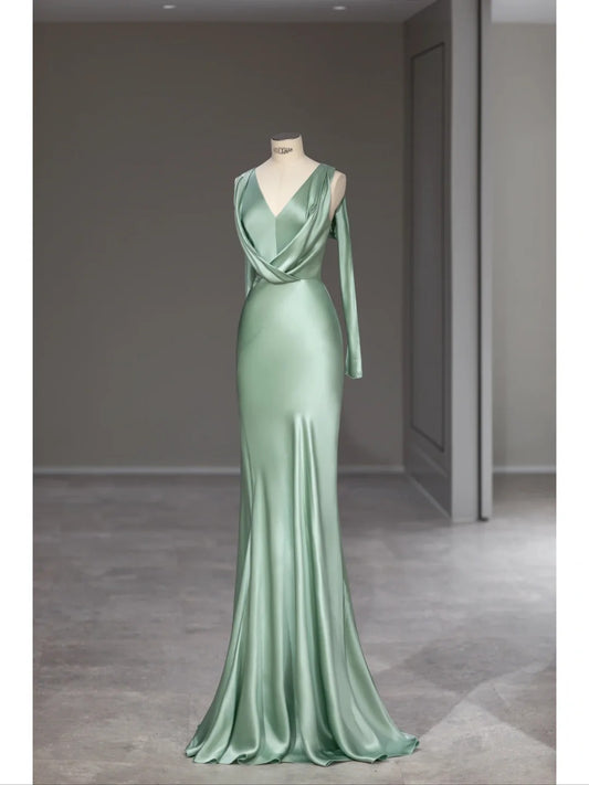 Pretty Mermaid V Neck Sage Green Satin Spring Summer Event Outfits Wedding Guest Dresses RB4009