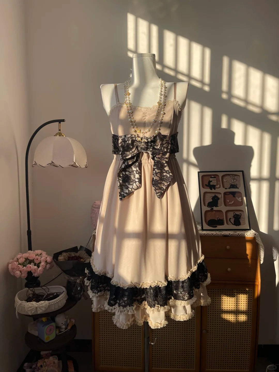 Vintage A Line Spaghetti Strap Champagne Chiffon Black Lace 16th Birthday Homecoming Dress Graduation Outfit RB6787