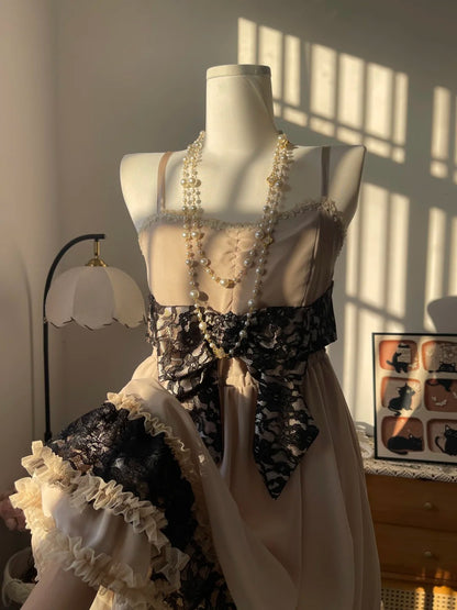 Vintage A Line Spaghetti Strap Champagne Chiffon Black Lace 16th Birthday Homecoming Dress Graduation Outfit RB6787