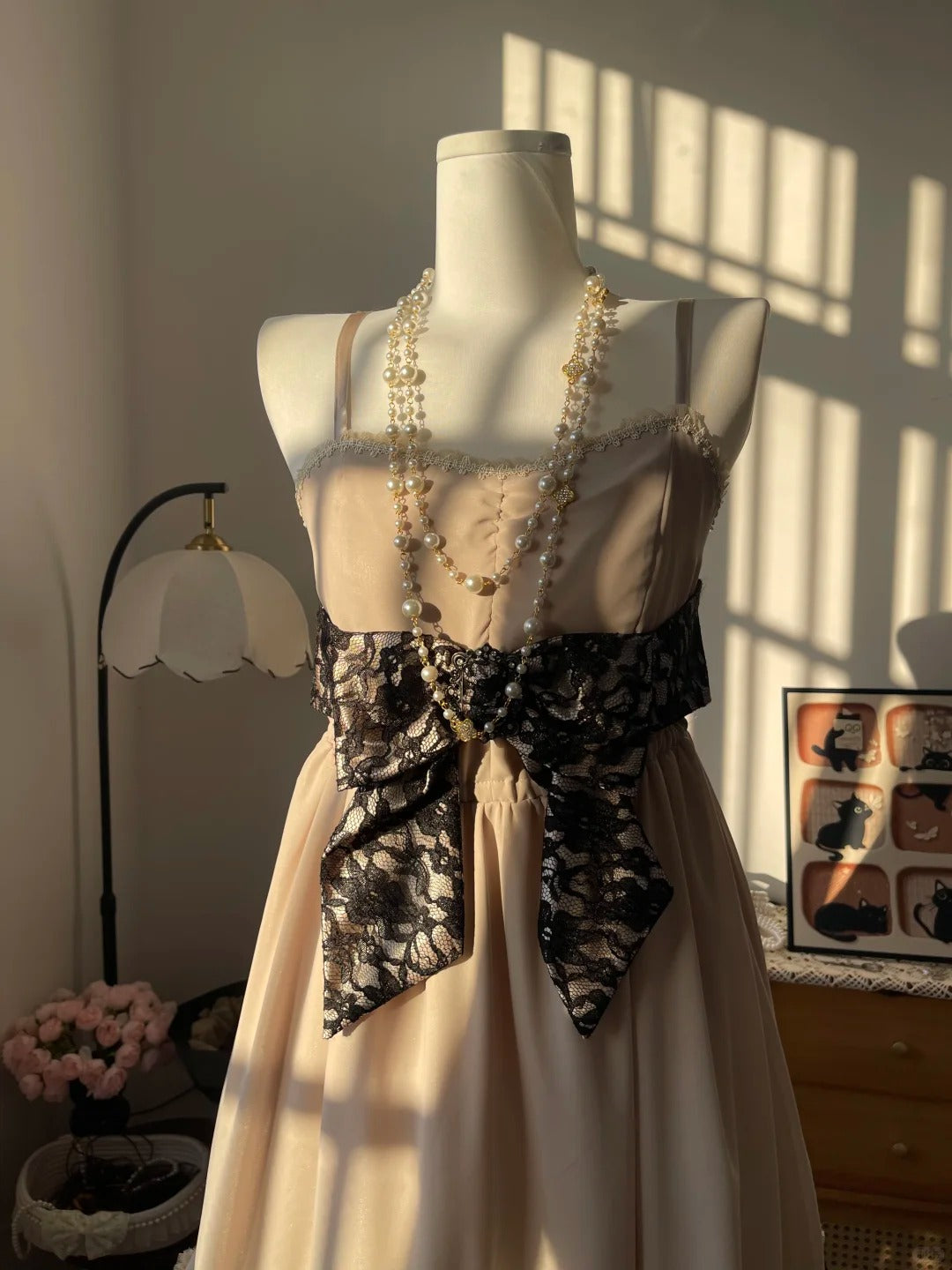 Vintage A Line Spaghetti Strap Champagne Chiffon Black Lace 16th Birthday Homecoming Dress Graduation Outfit RB6787