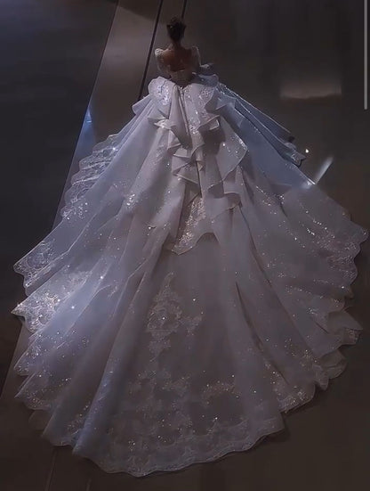 Ethereal Ball Gown Square Neck Long Sleeves Tulle White Long Wedding Dress Beautiful Formal Brides Gown Wedding Dresses B02