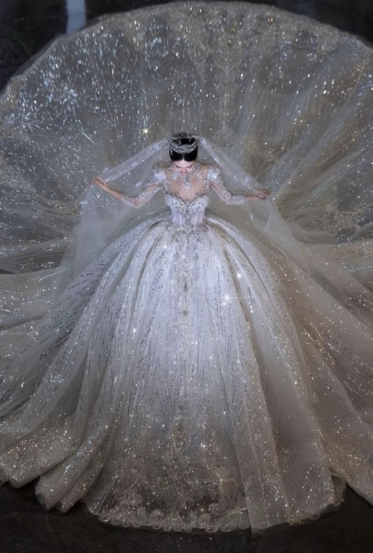 Ethereal Ball Gown Sweetheart Neck Long Sleeves Tulle White Long Wedding Dress Beautiful Formal Brides Gown Wedding Dresses B05