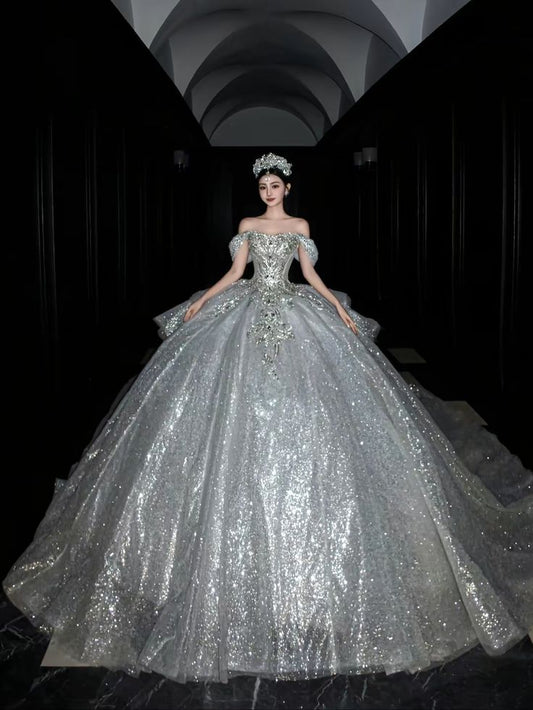 Romantic Ball Gown Off The Shoulder Silver Appliques Sequin Long Wedding Dress Goddesses Gowns Formal Wedding Dresses B07