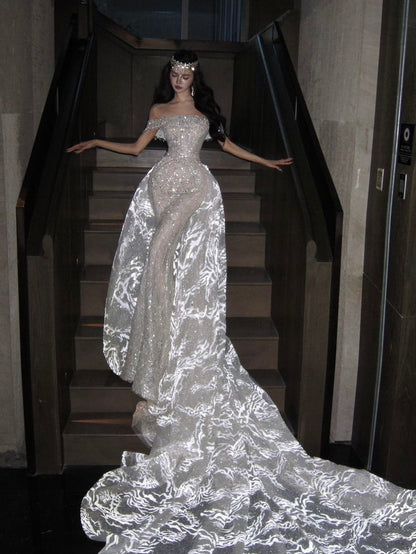 Dreamy Mermaid Off The Shoulder Sequin Long Wedding Dress Fairy Formal Short Sleeves Wedding Dresses B08