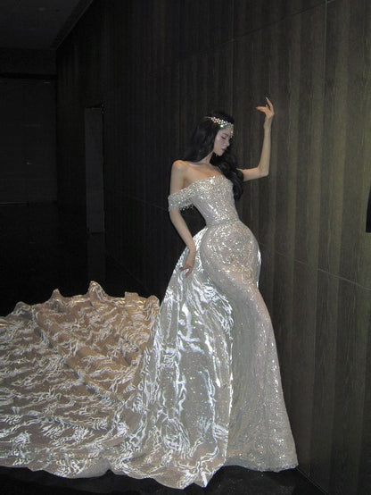 Dreamy Mermaid Off The Shoulder Sequin Long Wedding Dress Fairy Formal Short Sleeves Wedding Dresses B08