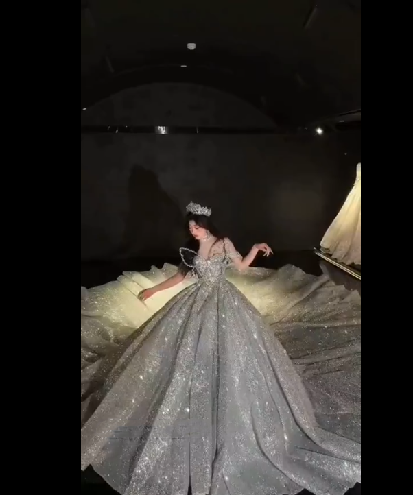Robe de mariée longue à paillettes argentées et décolleté en cœur, style féerique, robe de mariée formelle, B09