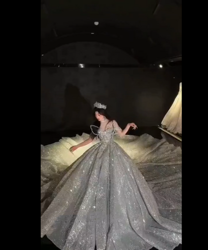 Robe de mariée longue à paillettes argentées et décolleté en cœur, style féerique, robe de mariée formelle, B09