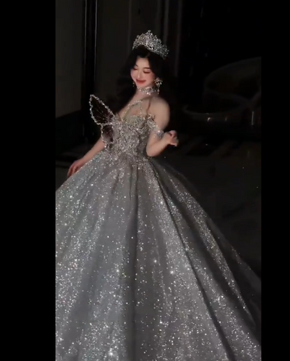 Robe de mariée longue à paillettes argentées et décolleté en cœur, style féerique, robe de mariée formelle, B09