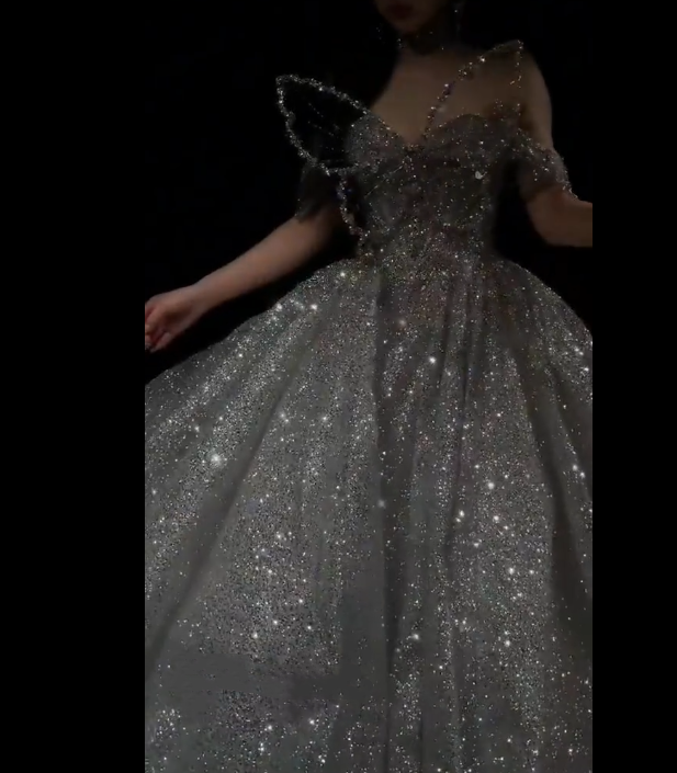 Robe de mariée longue à paillettes argentées et décolleté en cœur, style féerique, robe de mariée formelle, B09